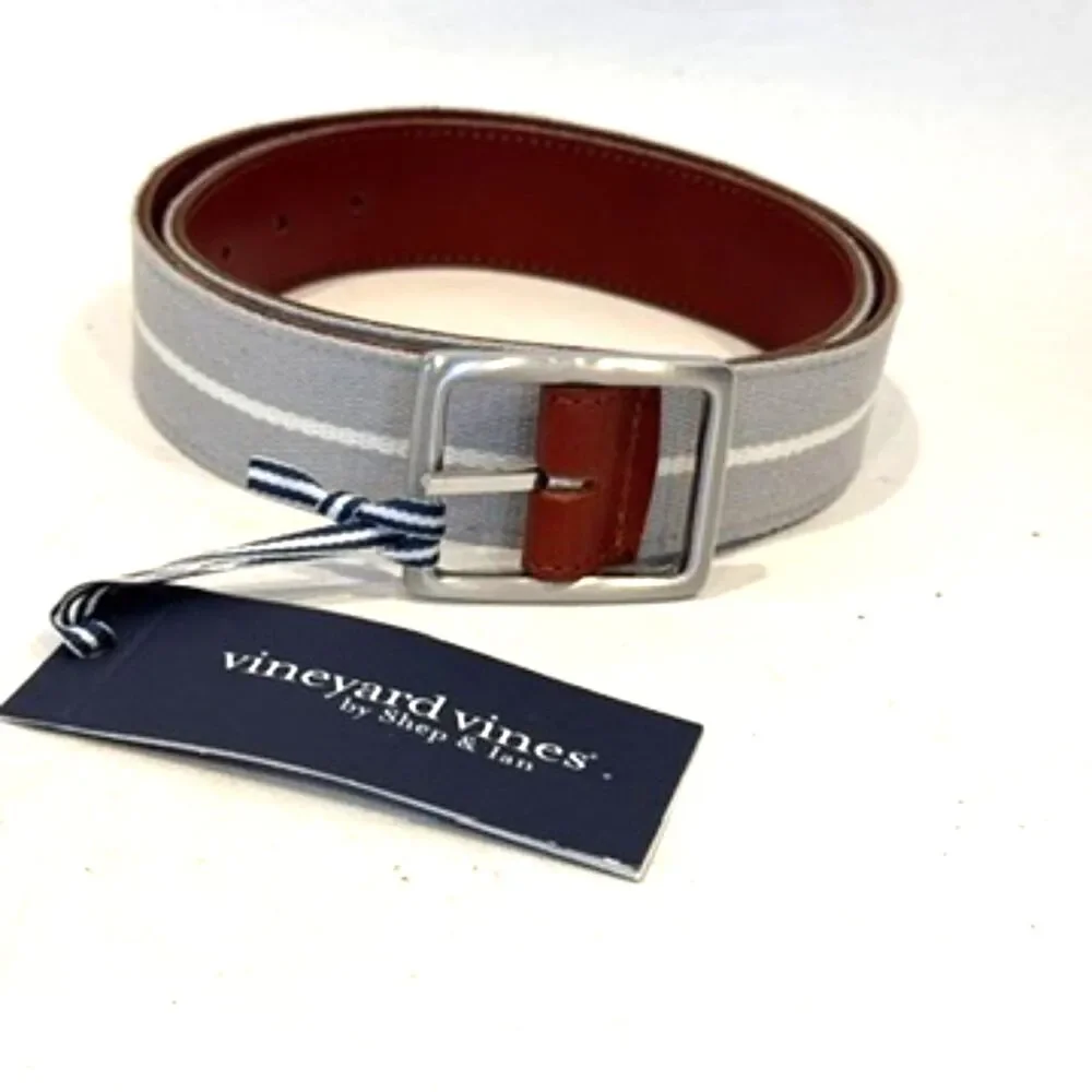 Vineyard Vines Reversible Belt Brown Leather/Granite Webbing Silver Buckle 32